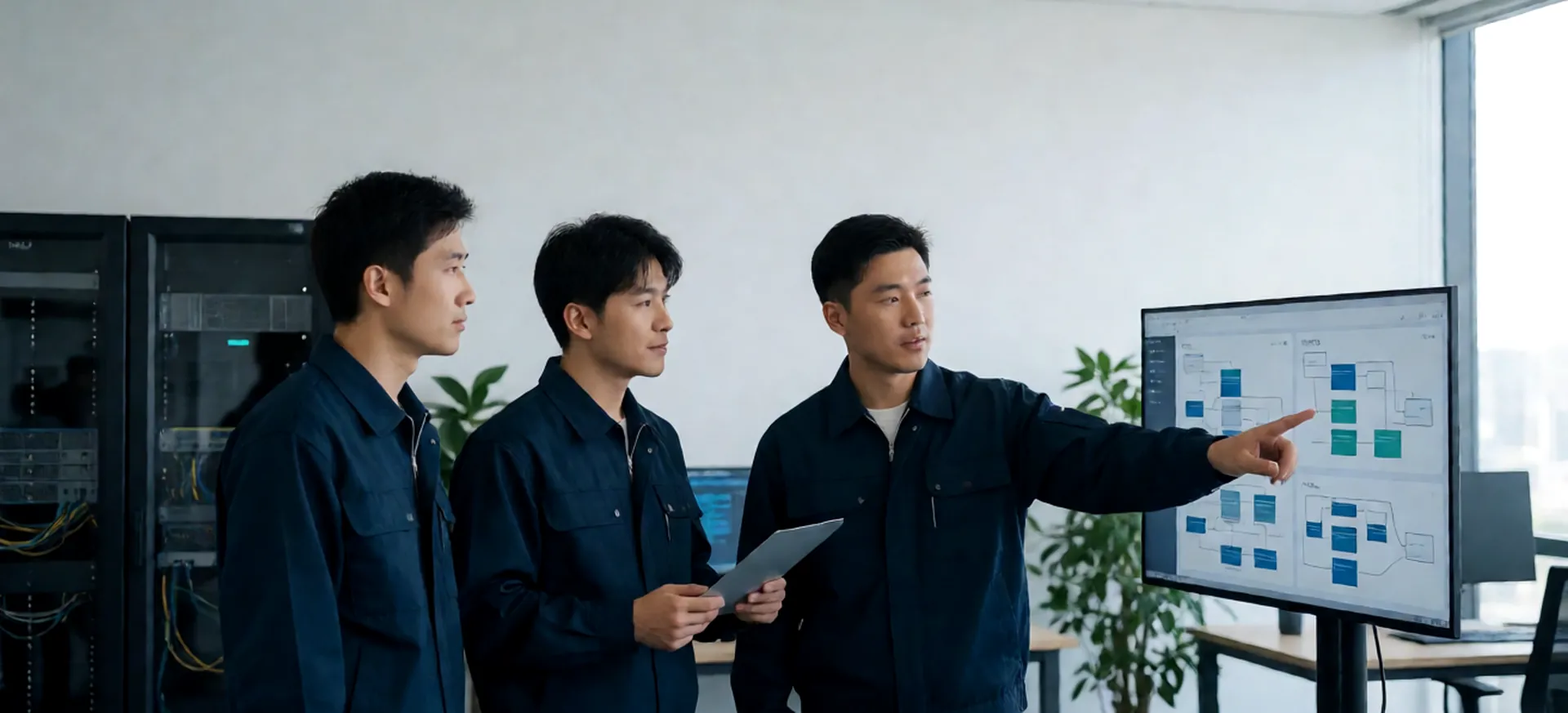 易云城工程师团队在办公室讨论网络拓扑方案