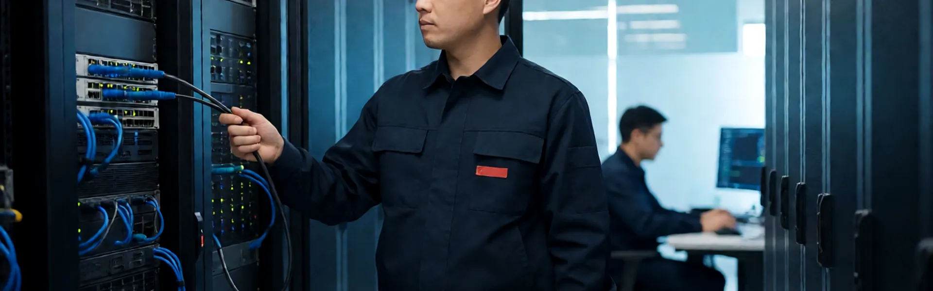易云城工程师在机房巡检网络设备、进行综合布线